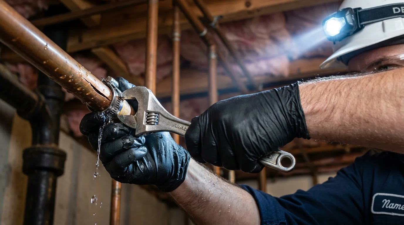 Emergency pipe clamp repair being performed by a Johns Plumbing LLC plumber in Bluefield